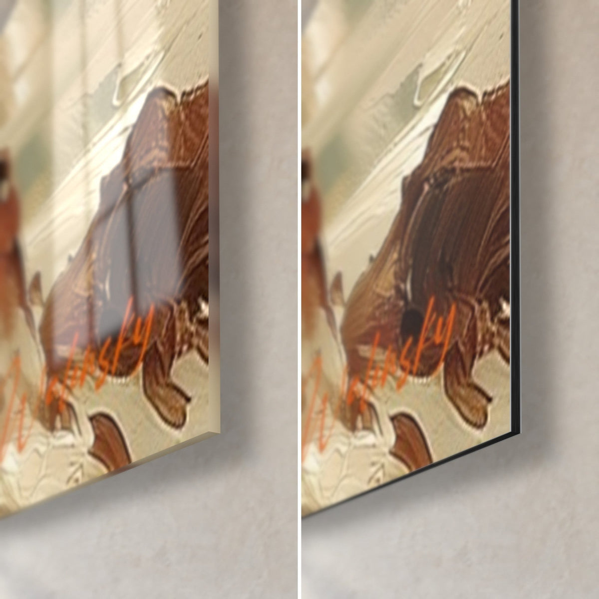 Wall art of a copper celestial body with cream and brown impasto, dark rocks in the bottom right corner, glossy glass and matte Dibond