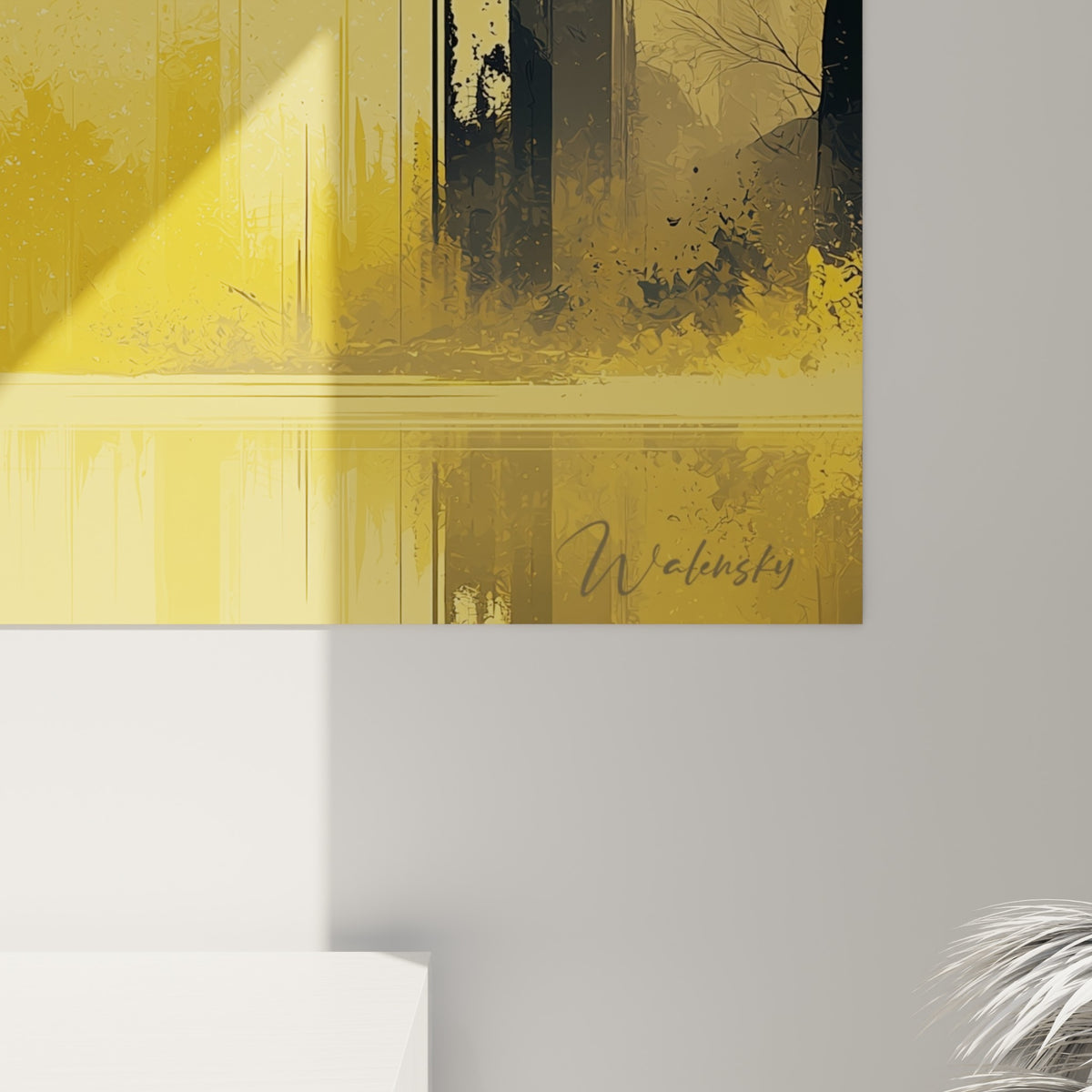 Empâtements noirs et jaunes se mêlant sur la surface du tableau Planète, grain visible et coulures d'encre sombre