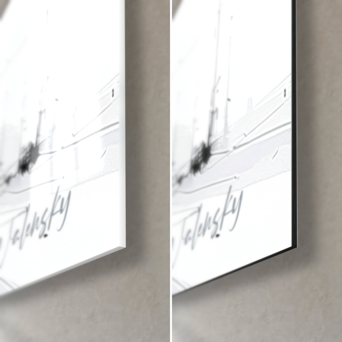 Wall art white planet in black ink, bottom right corner: glossy acrylic glass reflecting, matte grey Dibond aluminium, 3 mm edge