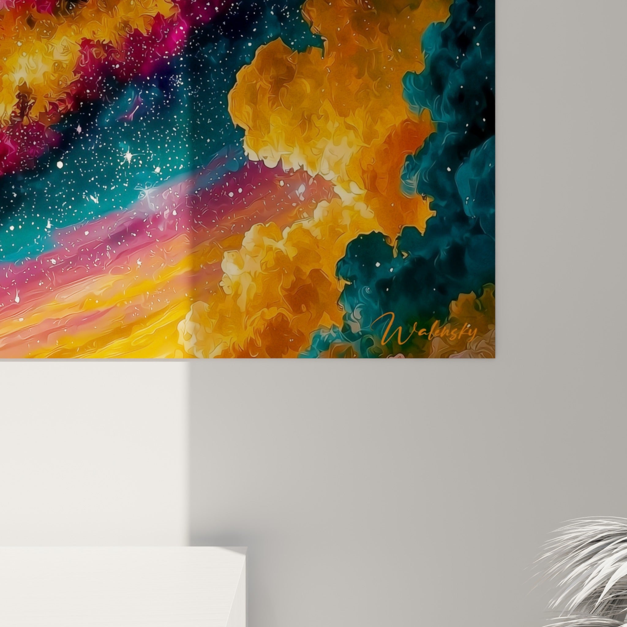 Détail des empâtements ocre et bleu pétrole formant les nuages stellaires de cette toile cosmique