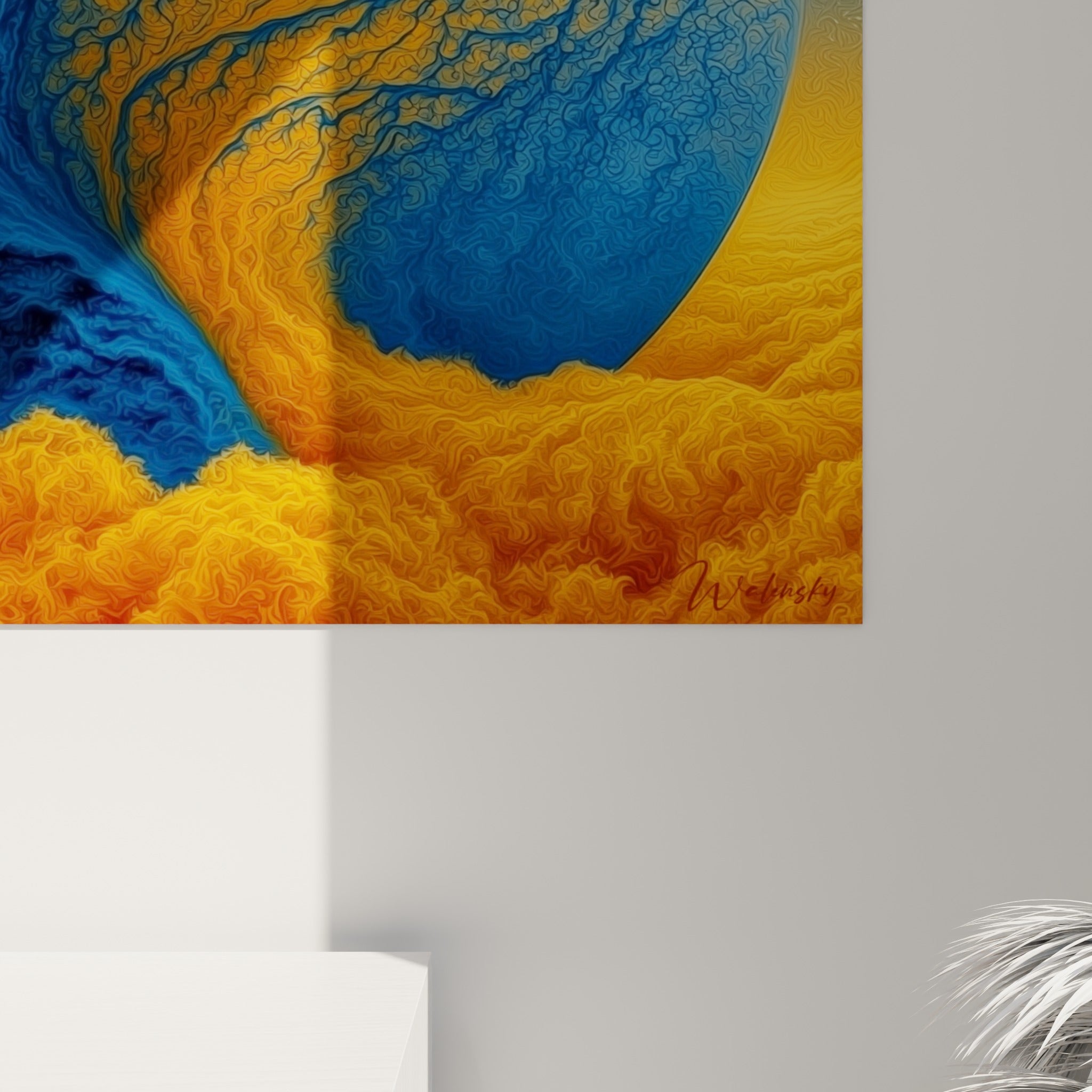 Détail des empâtements fractals bleu anthracite et orange brûlé sur la toile Planète accrochée