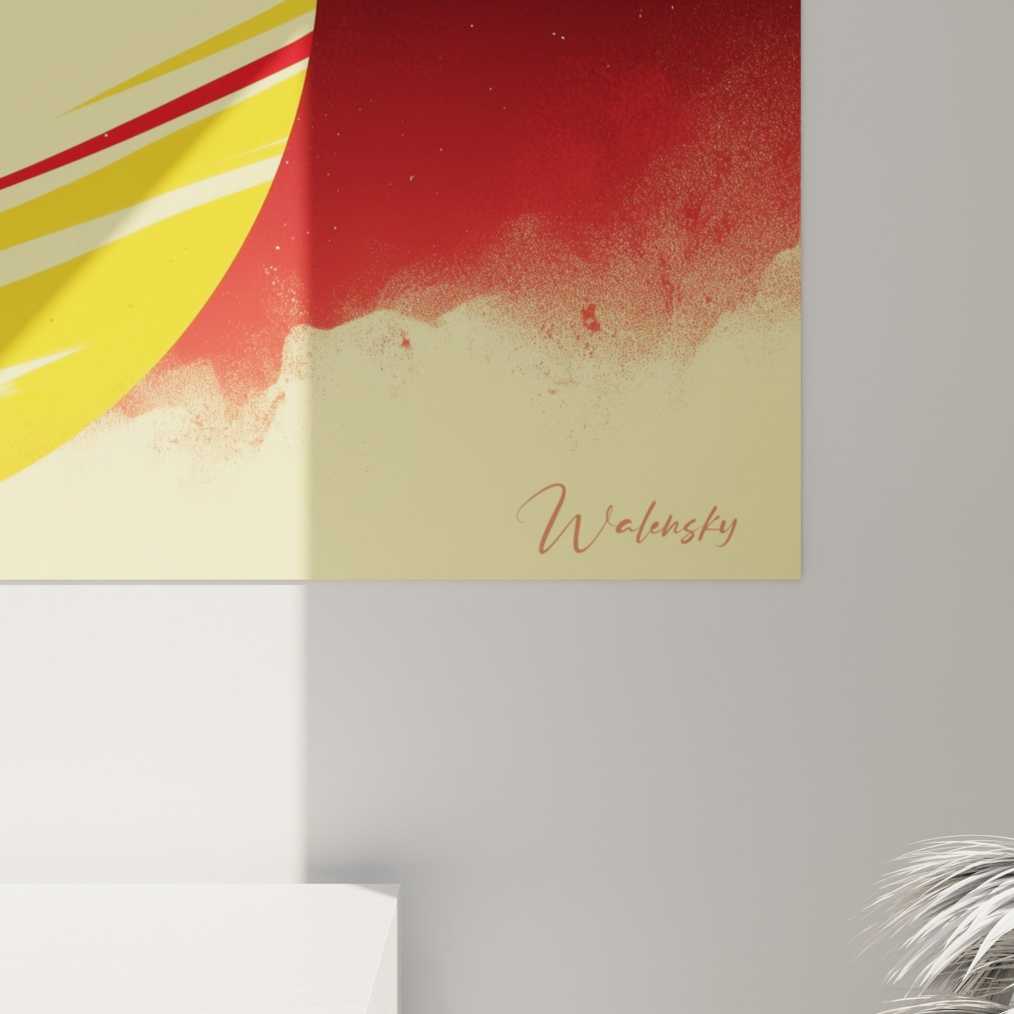 Grain texturé du jaune et du rouge se mêlant sur la surface de la planète, coulures visibles à l'impression