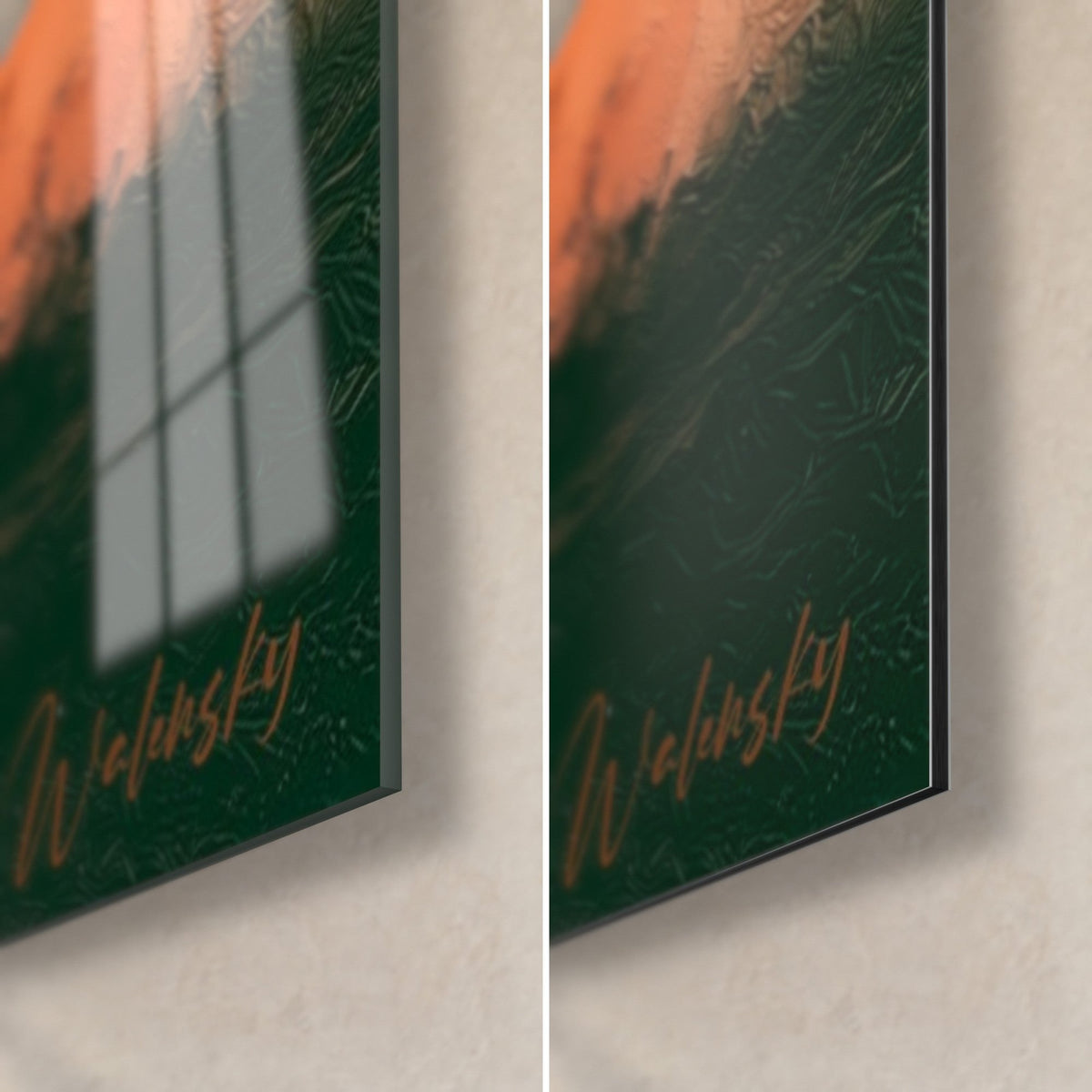 Gemälde Kugel in Anthrazit und Orange, untere rechte Ecke: glänzendes Acrylglas mit Reflexen, mattes Dibond-Aluminium, 3 mm Kante