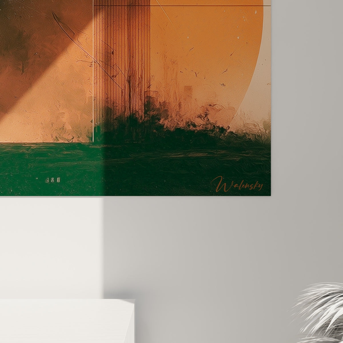 Détail de la sphère cosmique montrant le grain texturé, les touches orange et anthracite qui se fondent