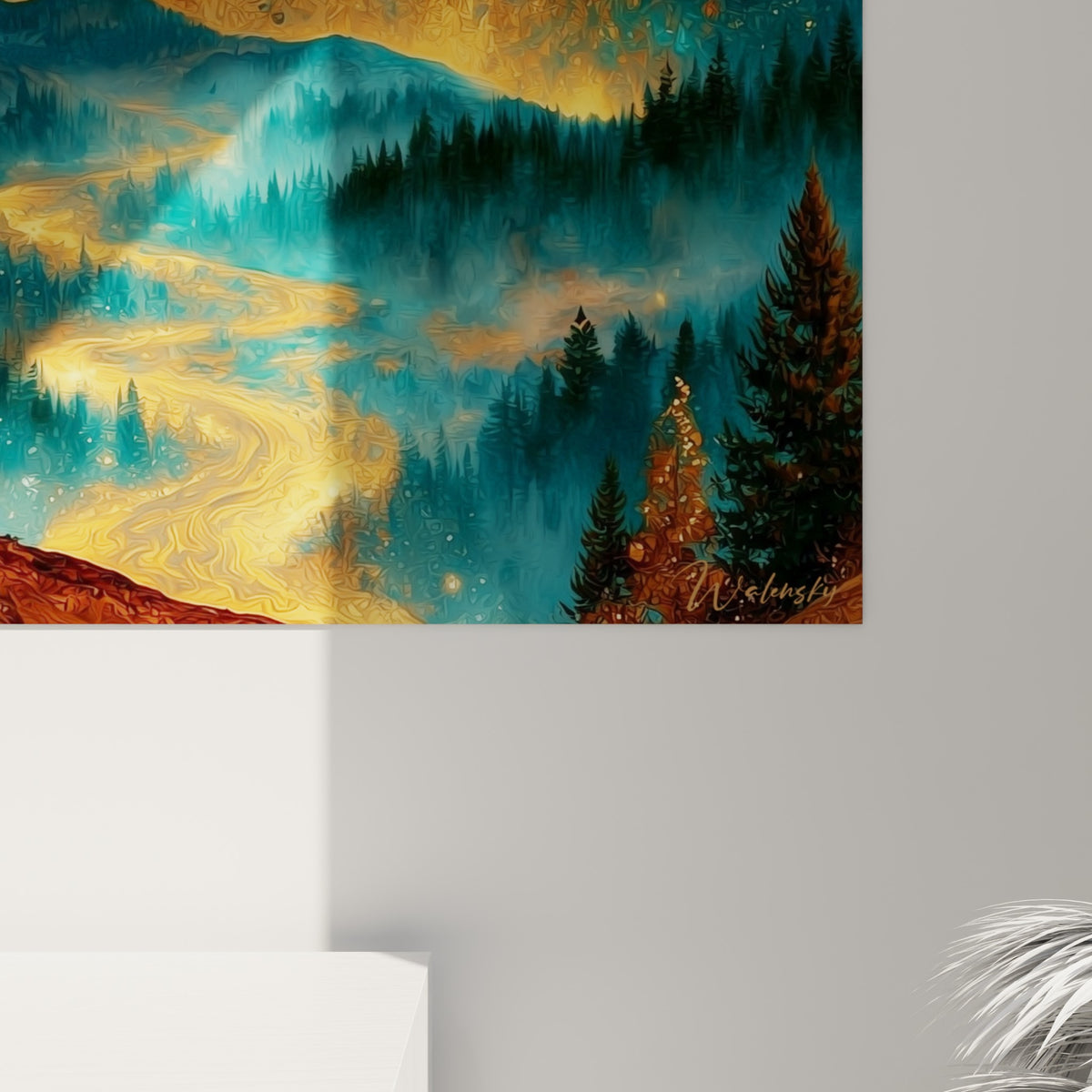Matière granuleuse dorée et turquoise de la planète, empâtements et coulures visibles de près sur la toile accrochée