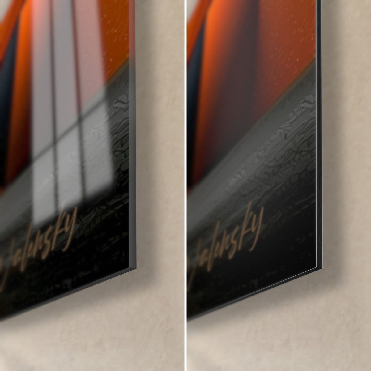 Tableau sphères orange et noires, coin bas droit : verre acrylique brillant à gauche, Dibond mat à droite, tranche 3 mm