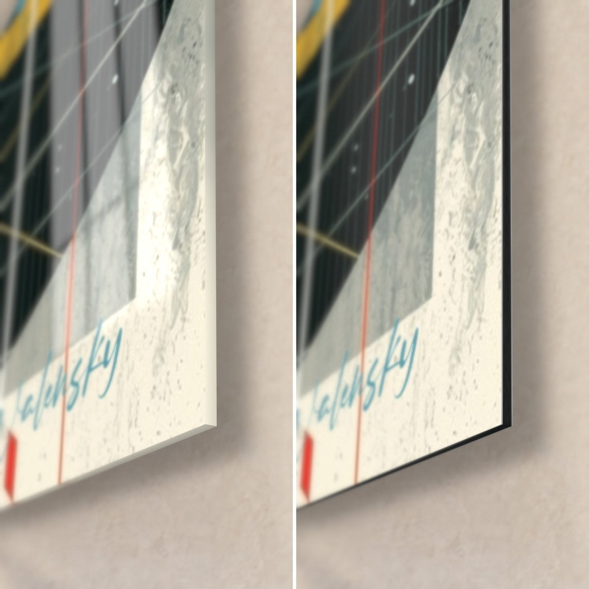 Tableau planète annelée, coin bas droit : verre acrylique brillant à gauche, alu Dibond mat crème à droite, tranche de 3 mm et signature bleue