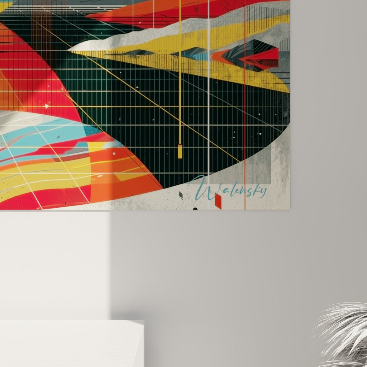 Empâtements colorés en rouge, jaune ocre et bleu révélant la texture graphique de cette planète imprimée