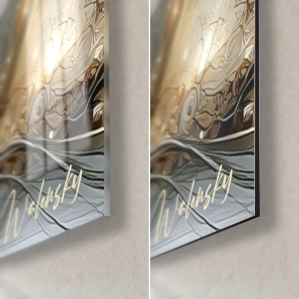 Tableau sphère dorée, coin bas droit : verre acrylique brillant aux reflets et Dibond noir mat, signature Walensky