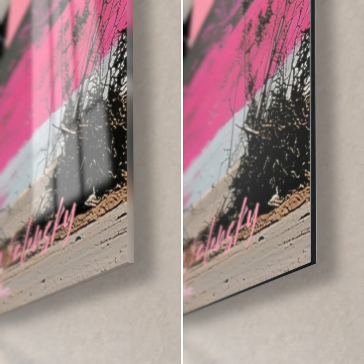 Tableau astronaute et dunes fuchsia, coin bas droit en verre brillant et Dibond mat gris, signature rose, tranche de 3 mm