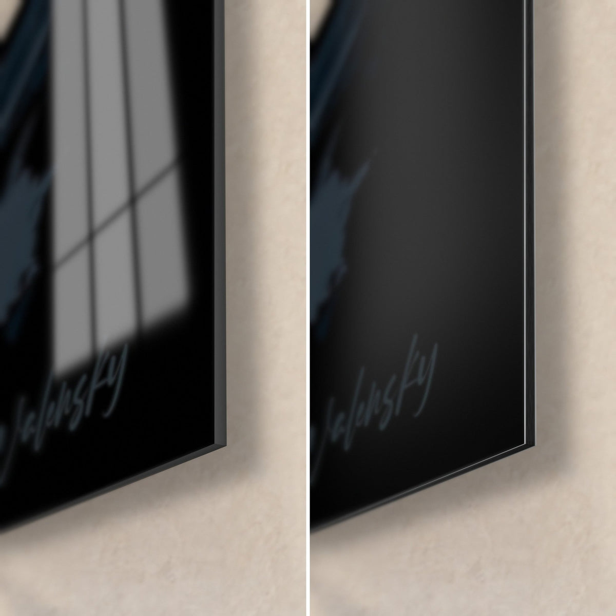 Wall art fiery planet, lower right corner: glossy acrylic glass with reflections on the left, matt black Dibond aluminium on the right, 3 mm edge