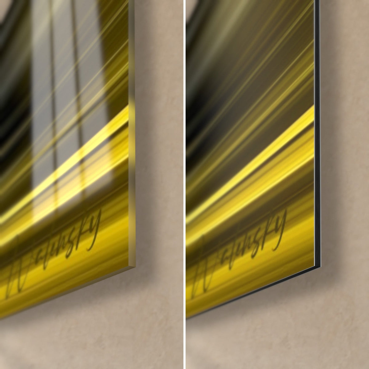 Tableau astre noir aux coulées jaunes, coin bas droit : verre brillant aux reflets, Dibond mat, tranche de 3 mm