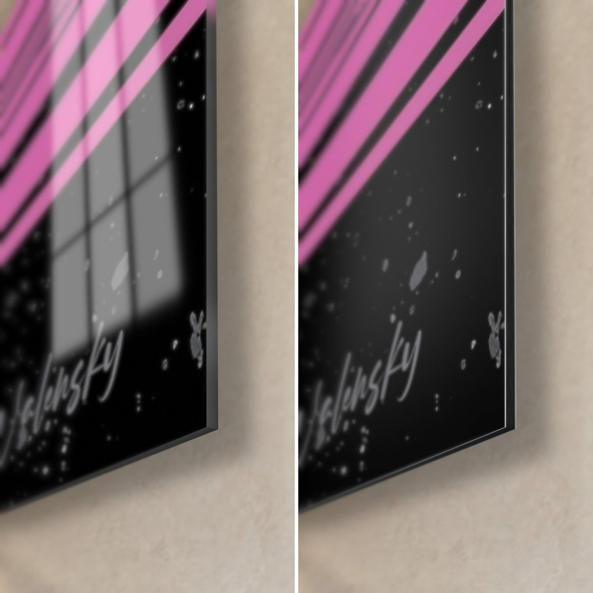 Quadro pianeta grigio, angolo in basso a destra: bagliori bianchi su fondo nero, riflessi del vetro acrilico lucido e Dibond opaco, bordo da 3 mm