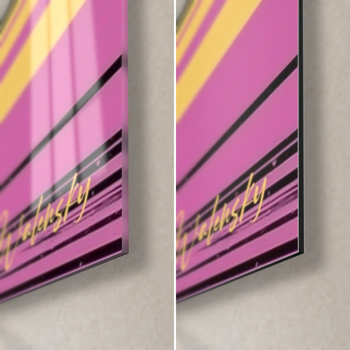 Cuadro de esfera veteada en rosa y amarillo, esquina inferior derecha: cristal acrílico brillante a la izquierda, aluminio Dibond mate a la derecha, canto de 3 mm