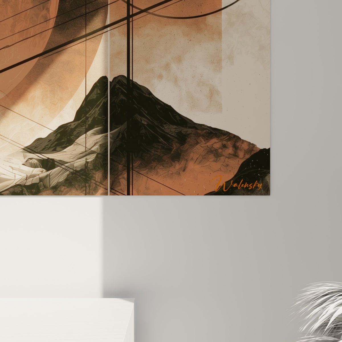 Détail de la matière peinte sur la sphère orange marbrée, textures anthracite et coulures fines visibles