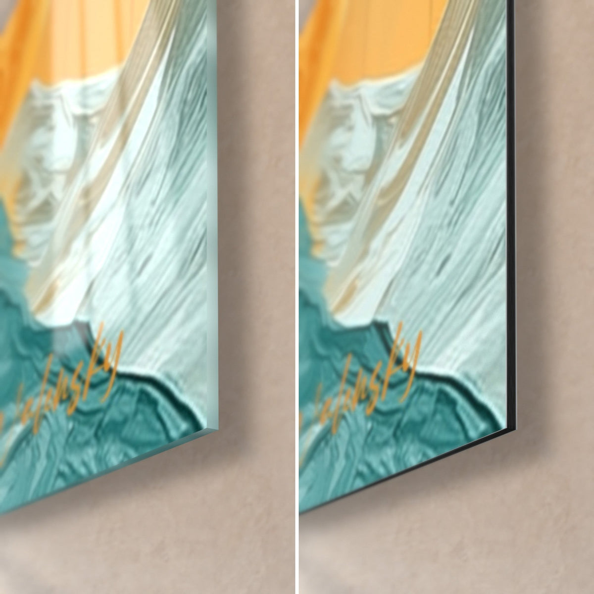 Tableau monde lointain en turquoise et ambre, coin bas droit : verre acrylique brillant à gauche, Dibond mat à droite