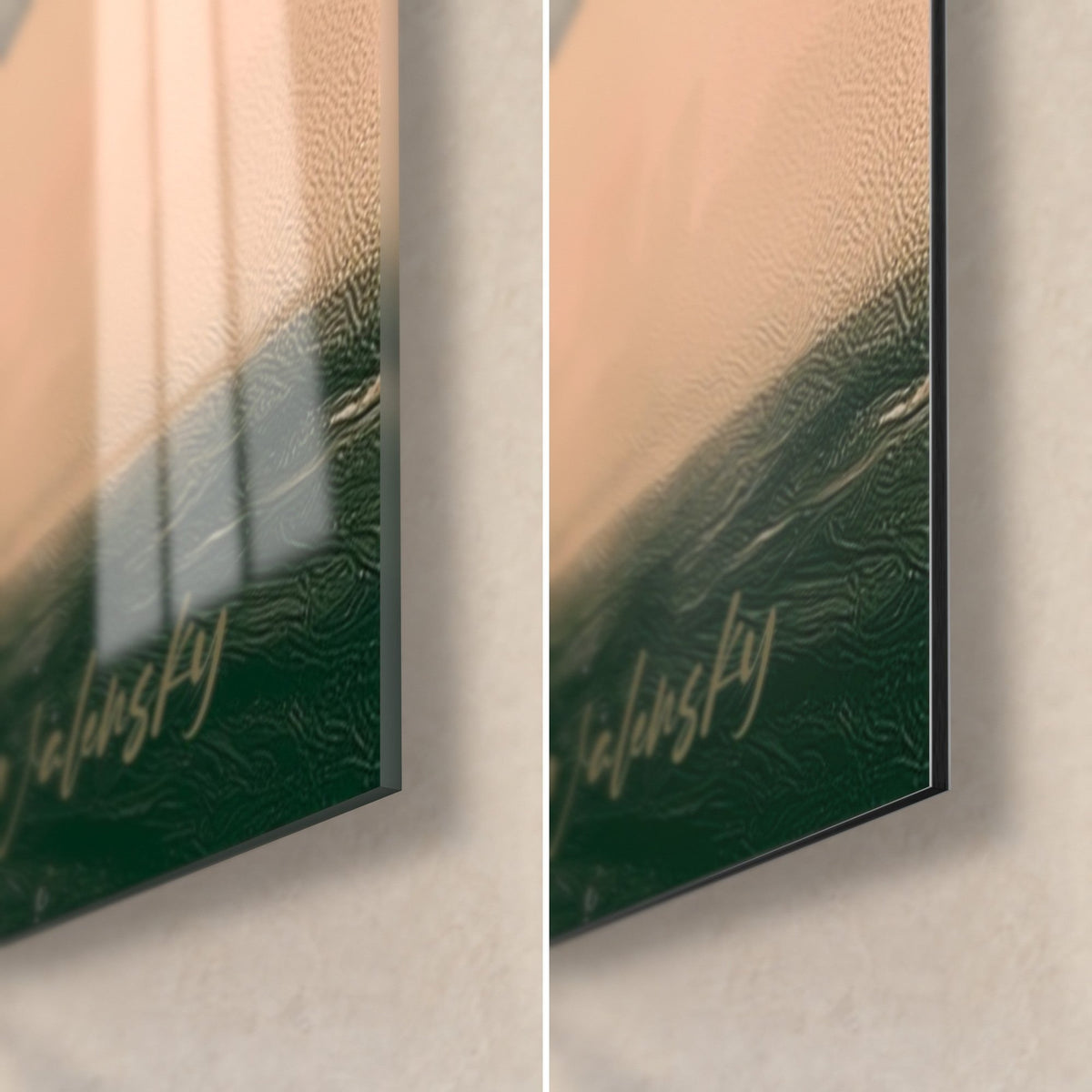 Cuadro cuerpo celeste verde antracita cortado en naranja, esquina inferior derecha, cristal brillante con reflejos y Dibond mate, canto de 3 mm
