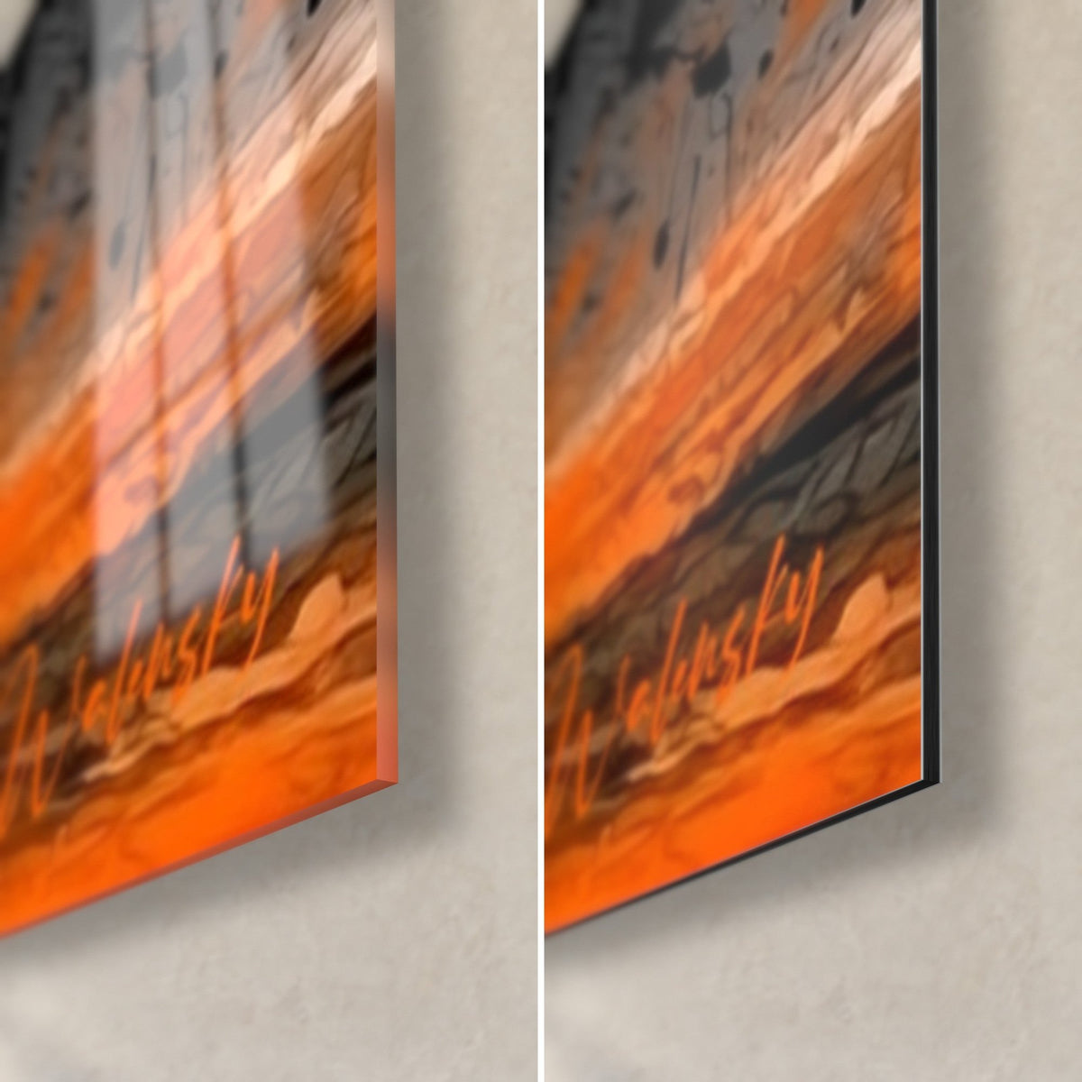 Wall art violet and orange planet, bottom right corner: glossy acrylic glass on the left, matte black Dibond aluminum on the right, 3 mm edge
