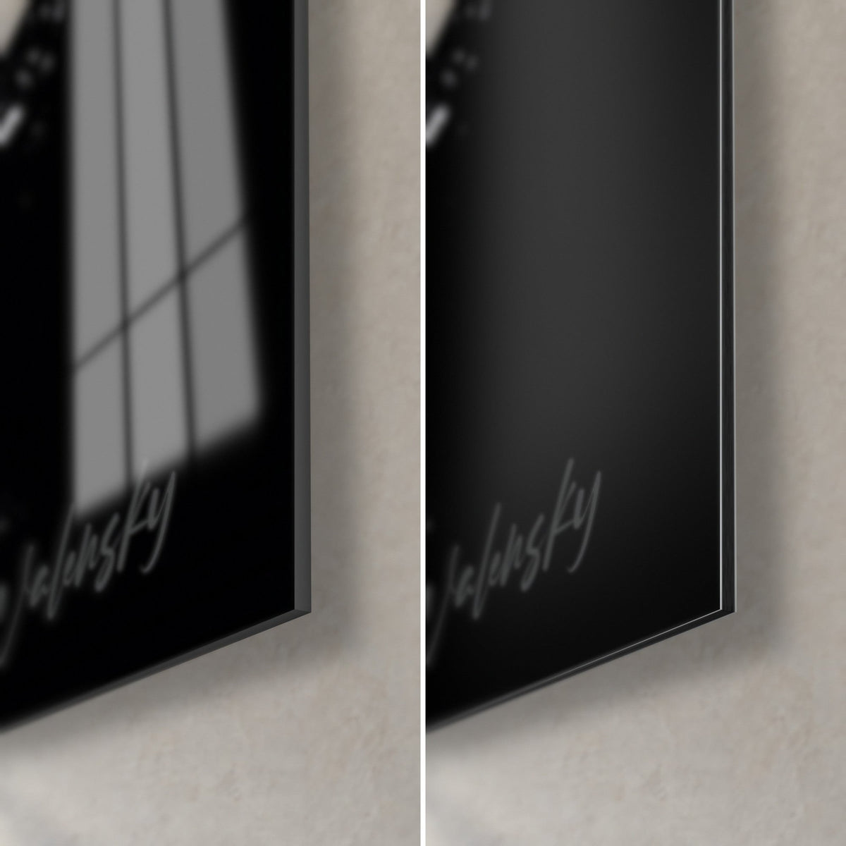 Tableau saturne monochrome, coin bas droit : verre acrylique brillant noir aux reflets de fenêtre, alu Dibond gris mat, tranche de 3 mm