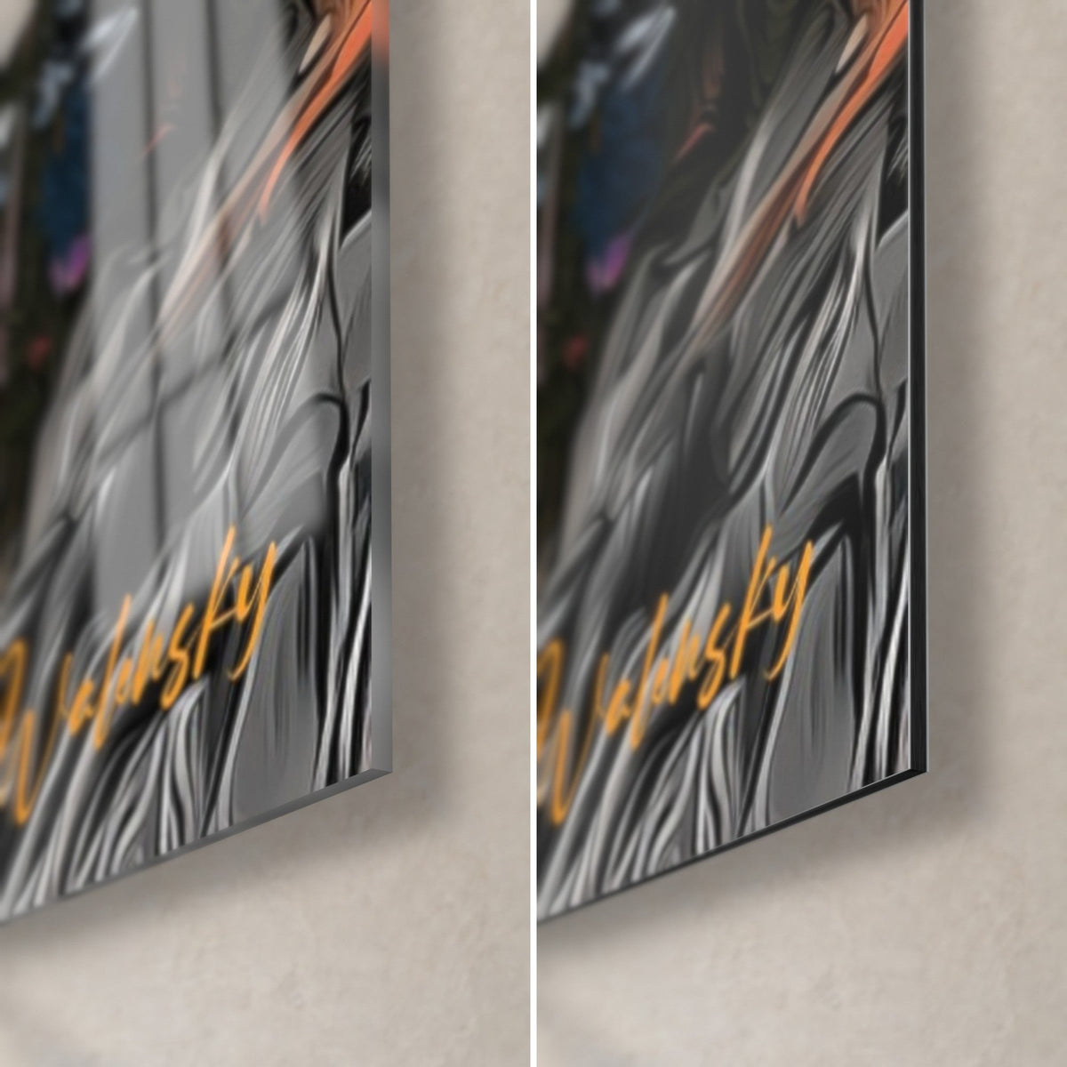 Wall art orange and pink globe, bottom right corner: glossy acrylic glass with reflections on the left, matte Dibond aluminum on the right, gold signature