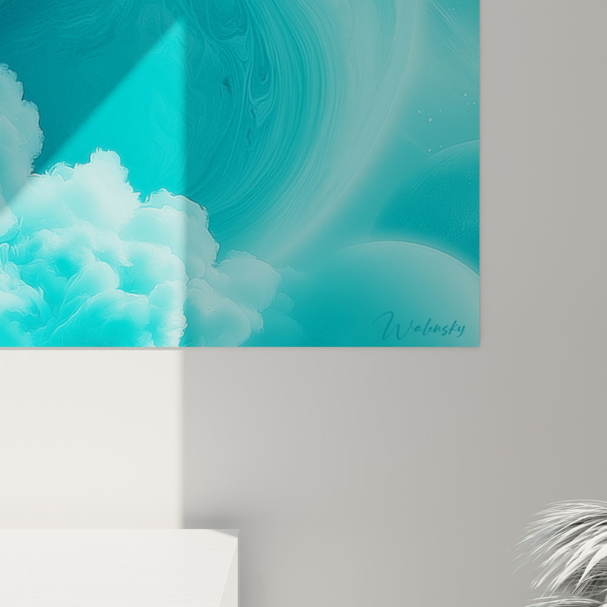 Matière peinte en gros plan révélant les coulures turquoise et les veines bleu marine de la sphère céleste