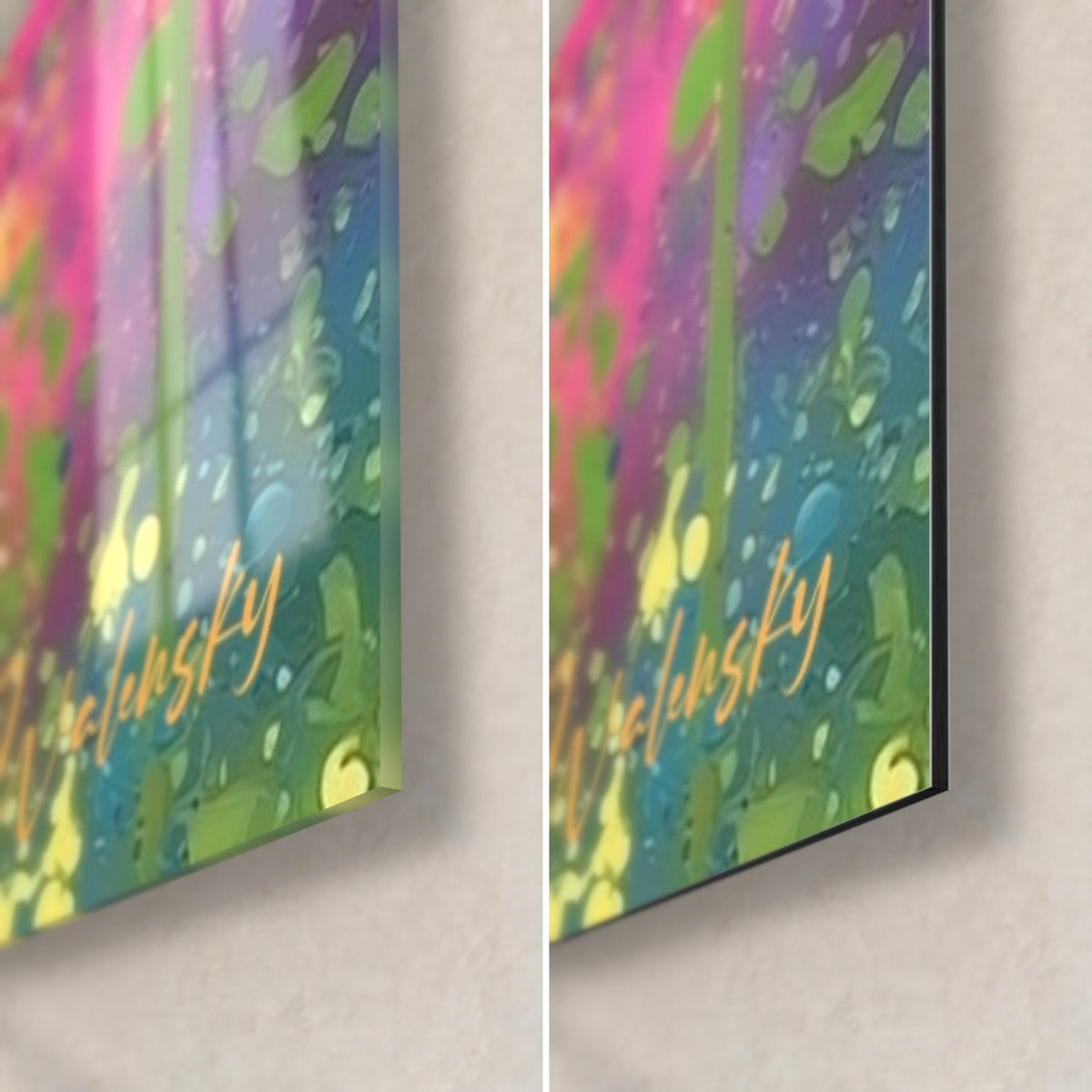 Gemälde gemalter Planet, untere rechte Ecke: grüne und blaue Spritzer, glänzendes Glas links, mattes Dibond rechts, 3 mm Kante