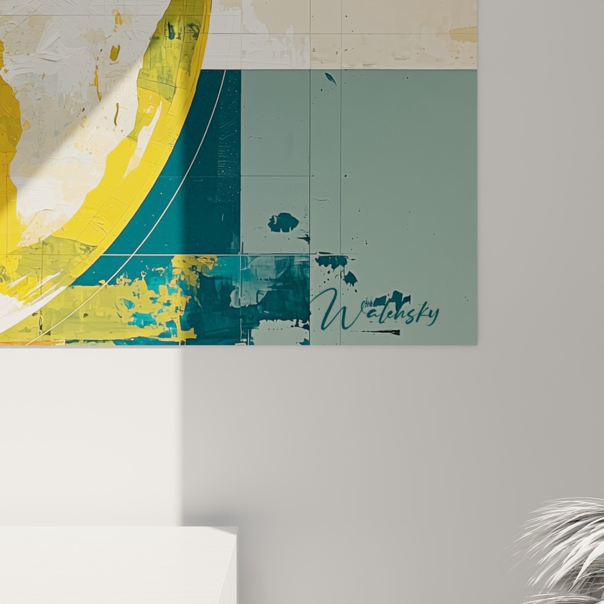 Détail de peinture texturée montrant les empâtements blanc cassé et ocre doré du globe terrestre accroché