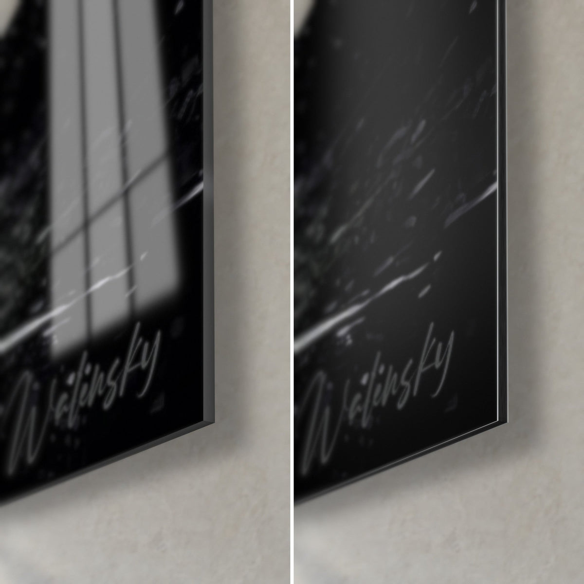 Tableau planète annelée noir et blanc, coin bas droit : verre acrylique brillant aux reflets de fenêtre, Dibond gris mat, tranche de 3 mm