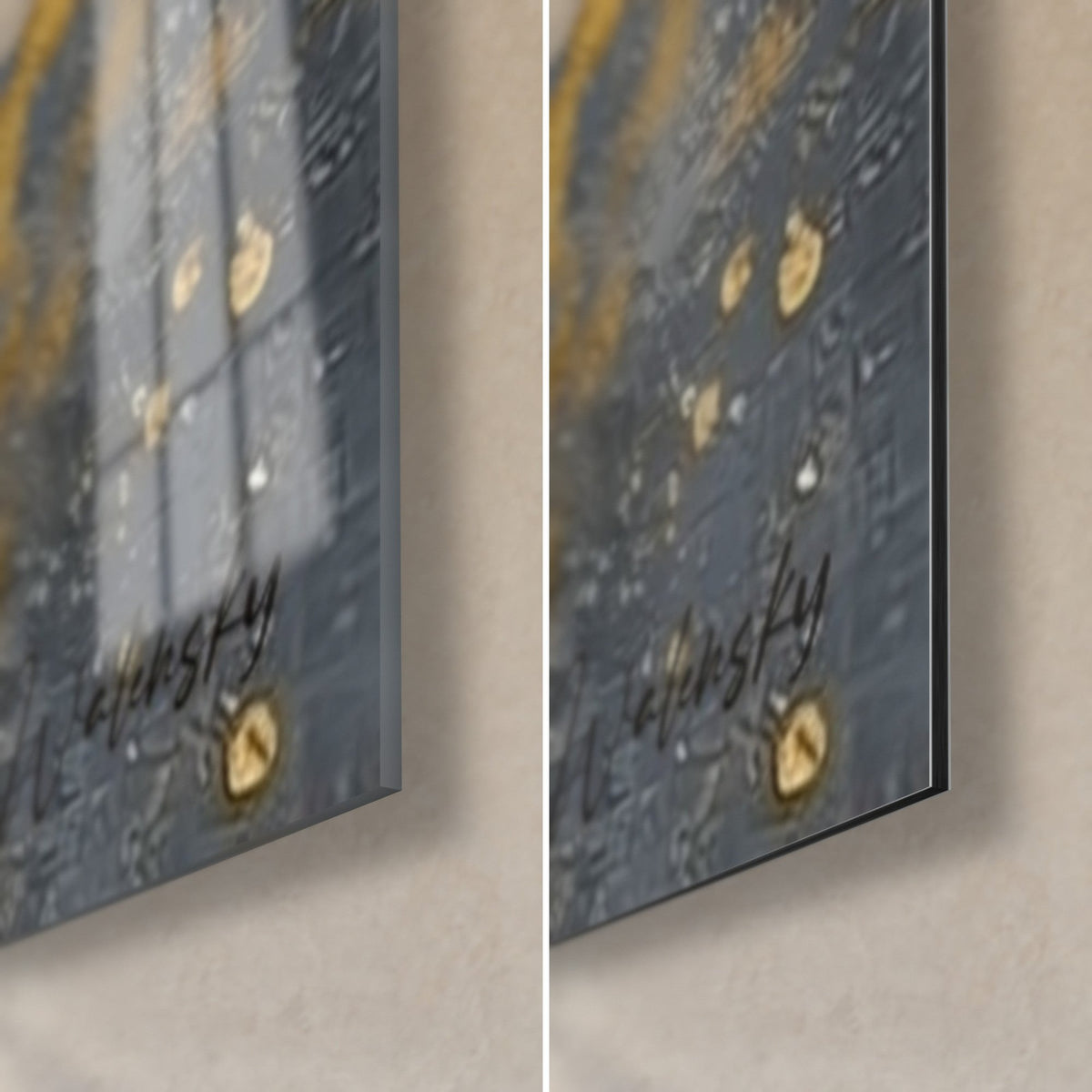 Wall art metallic celestial body in silver and gold, bottom right corner: glossy acrylic glass on the left, matte black Dibond on the right