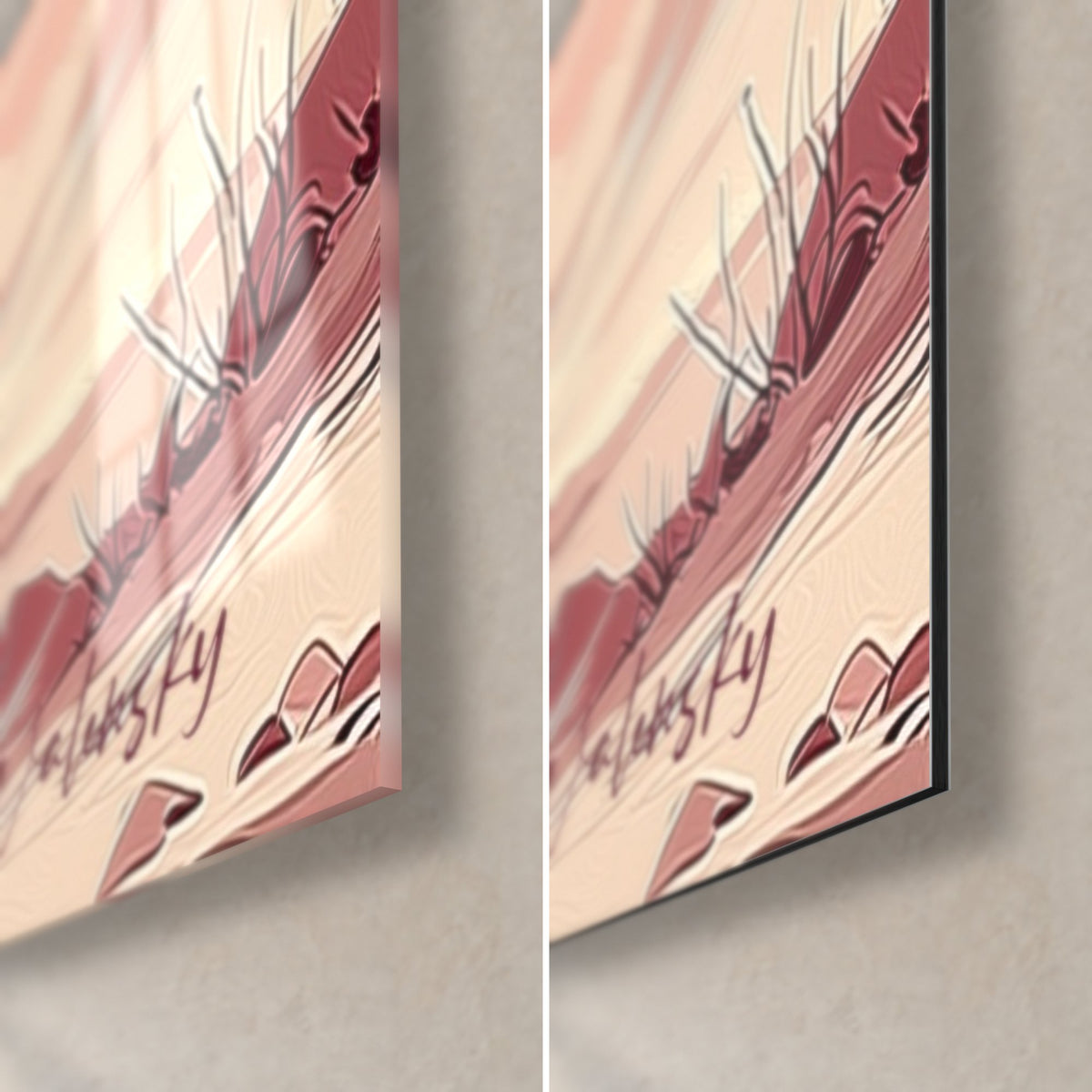 Wall art cream and pink lunar landscape, bottom right corner: dry grasses, Walensky signature, glossy glass and matte Dibond, 3 mm thick