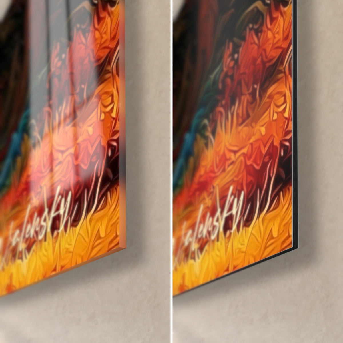 Wall art stroller and orange planet, bottom right corner: glossy glass on the left, matte Dibond on the right, 3 mm black edge
