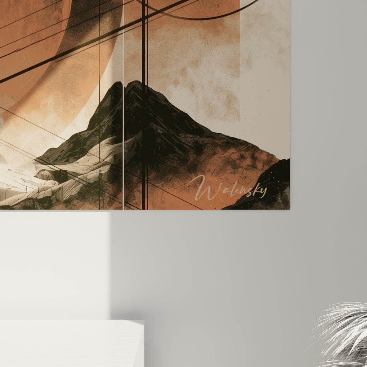 Grain de la peinture révélant les veines orange brûlé et noir profond de la planète marbrée sur la toile accrochée