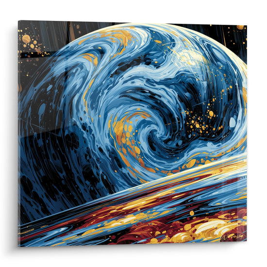 Planète bleu marine et dorée en spirale tourbillonnante, traitement pictural cosmique intense