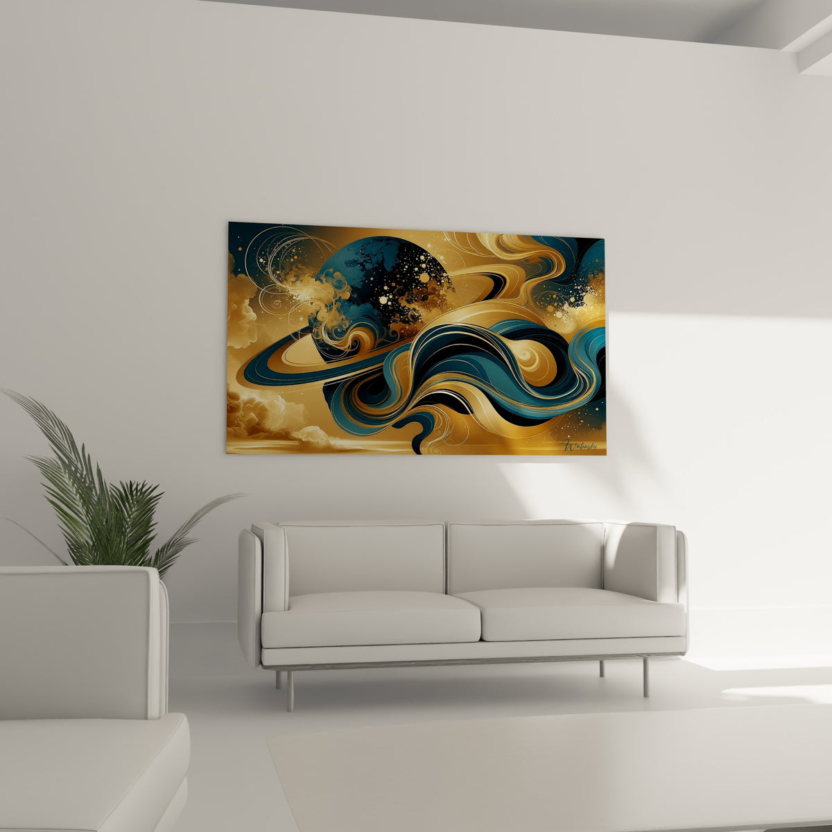 Tourbillons dorés et bleu pétrole d'une planète stylisée au-dessus d'un canapé dans un salon lumineux