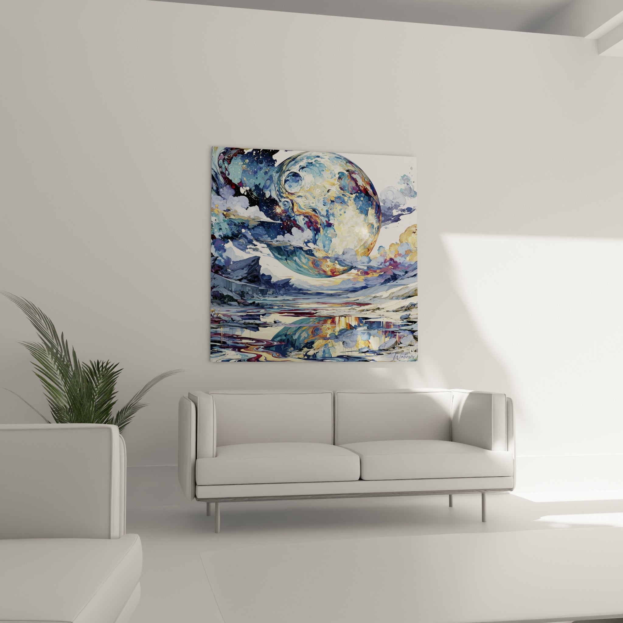 Astre tourbillonnant en bleu marine et bordeaux placé au-dessus d'un canapé dans un salon lumineux