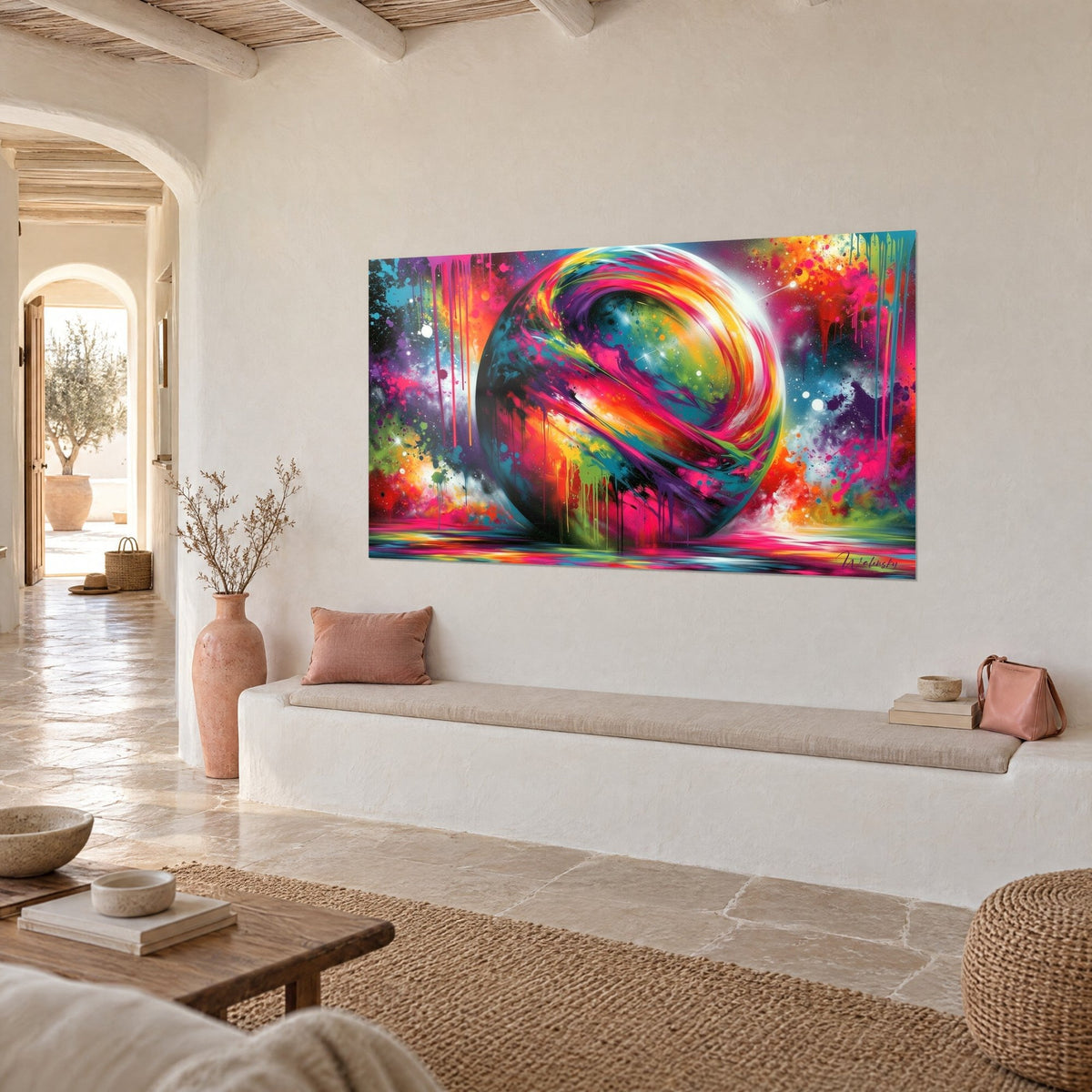 Tableau planète peinte aux spirales fuchsia et vertes, gouttes jaunes et violettes, sur un mur blanc d'une maison méditerranéenne