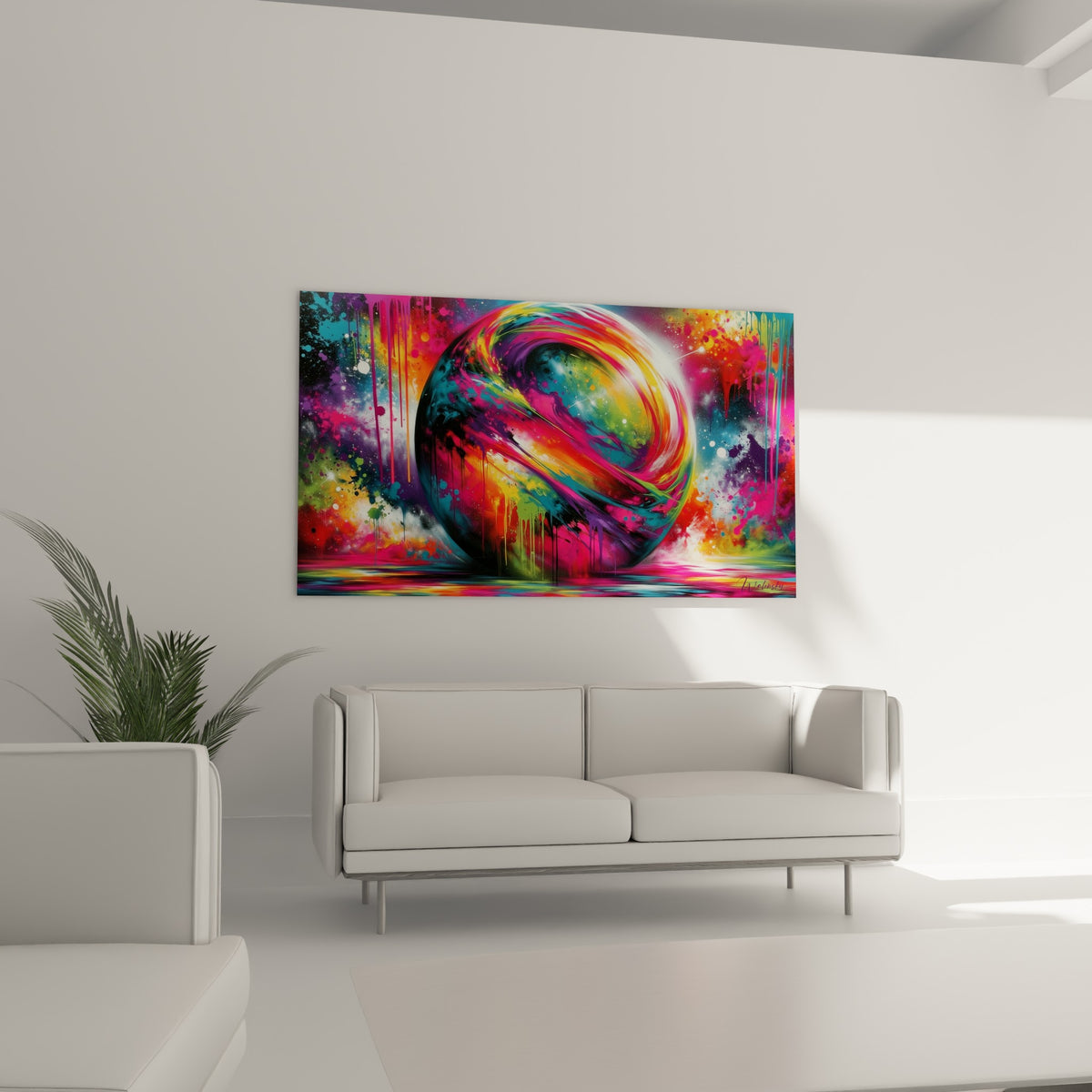 Tourbillon coloré Planète en anthracite et jaune éclatant, disposé au-dessus d'un canapé dans un salon lumineux