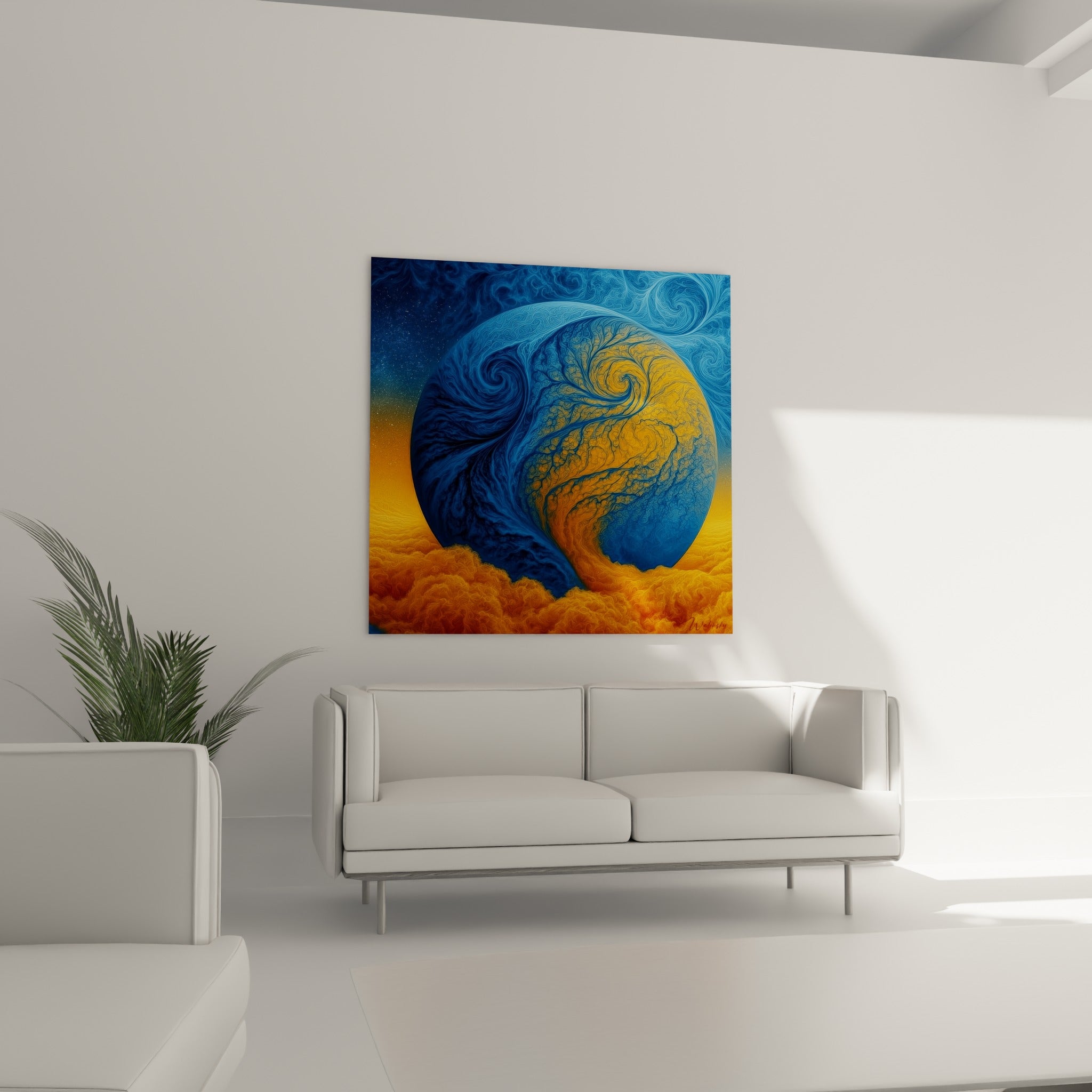 Composition Planète tourbillonnante orange doré et bleu profond au-dessus d'un canapé dans un salon lumineux