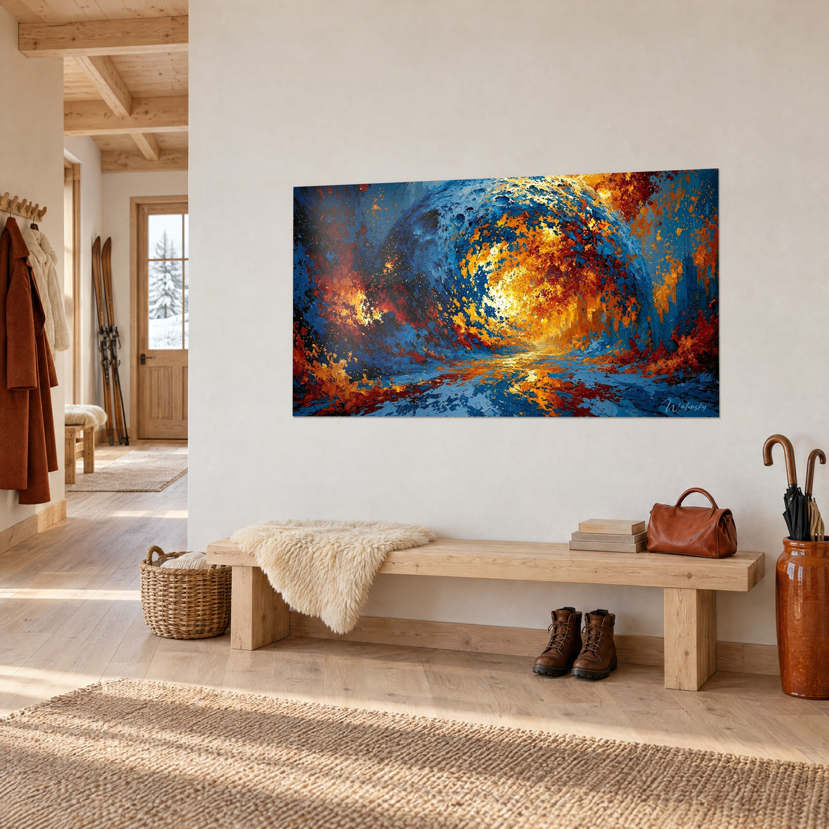 Tableau tourbillon céleste aux éclats jaune doré et bleu cobalt, reflets sur le sol, au-dessus d'un banc d'entrée en chalet