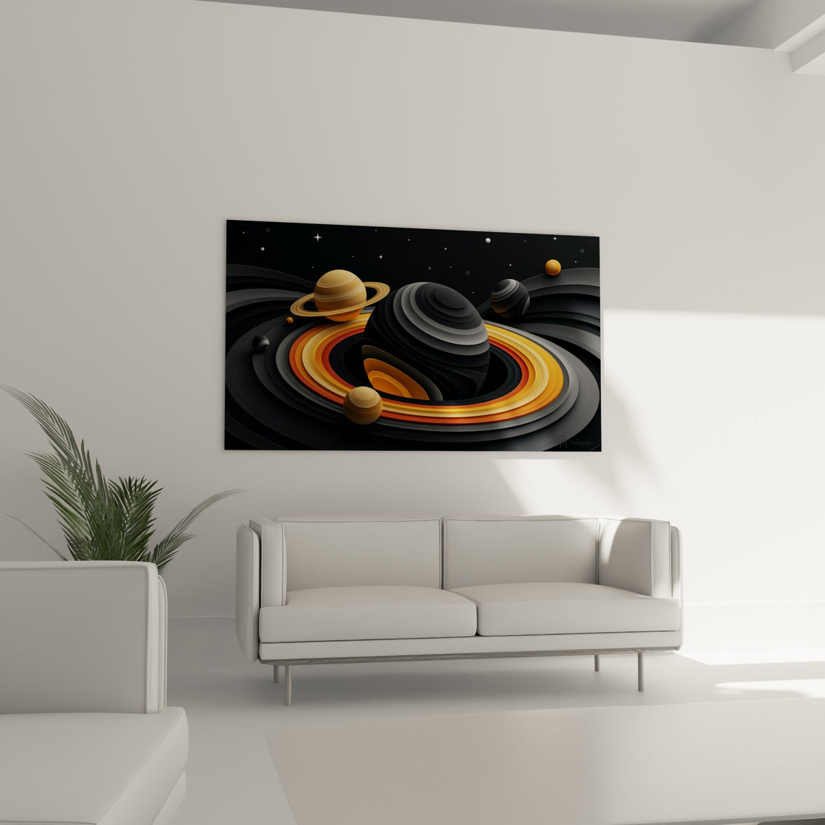 Tourbillon galactique anthracite et orange entouré de sphères dorées, disposé au-dessus d'un canapé dans un salon lumineux