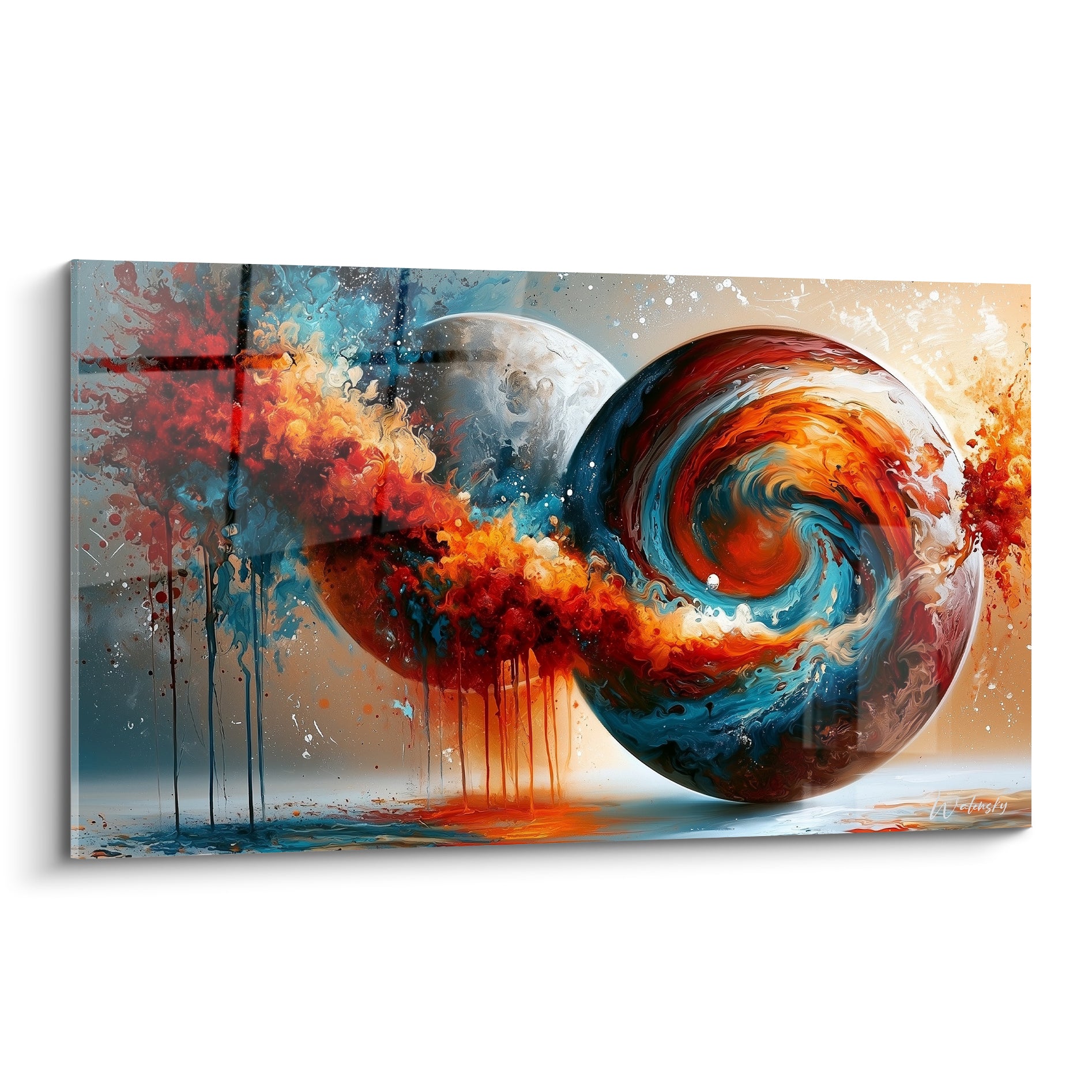 Sphère cosmique orange et bleu pétrole en tourbillon, coulures rouges, fond crème éclaboussé