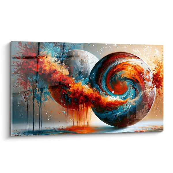 Tableau Sphère tourbillonnante orange et bleu aux coulures ardentes - Petite lune blanche - Edition Planète