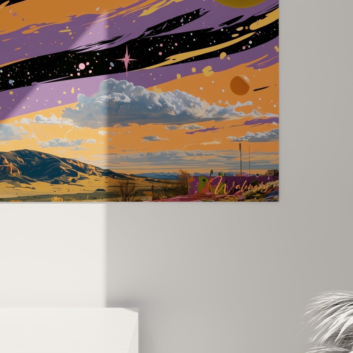 Empâtements orange, rose et violet se mêlant en tourbillons denses sur la surface de la planète peinte