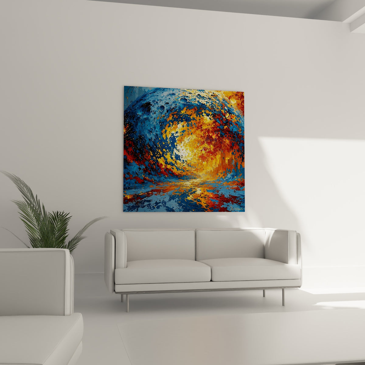 Spirale Planète orange fauve et bleu profond suspendue au-dessus d'un canapé dans un salon lumineux