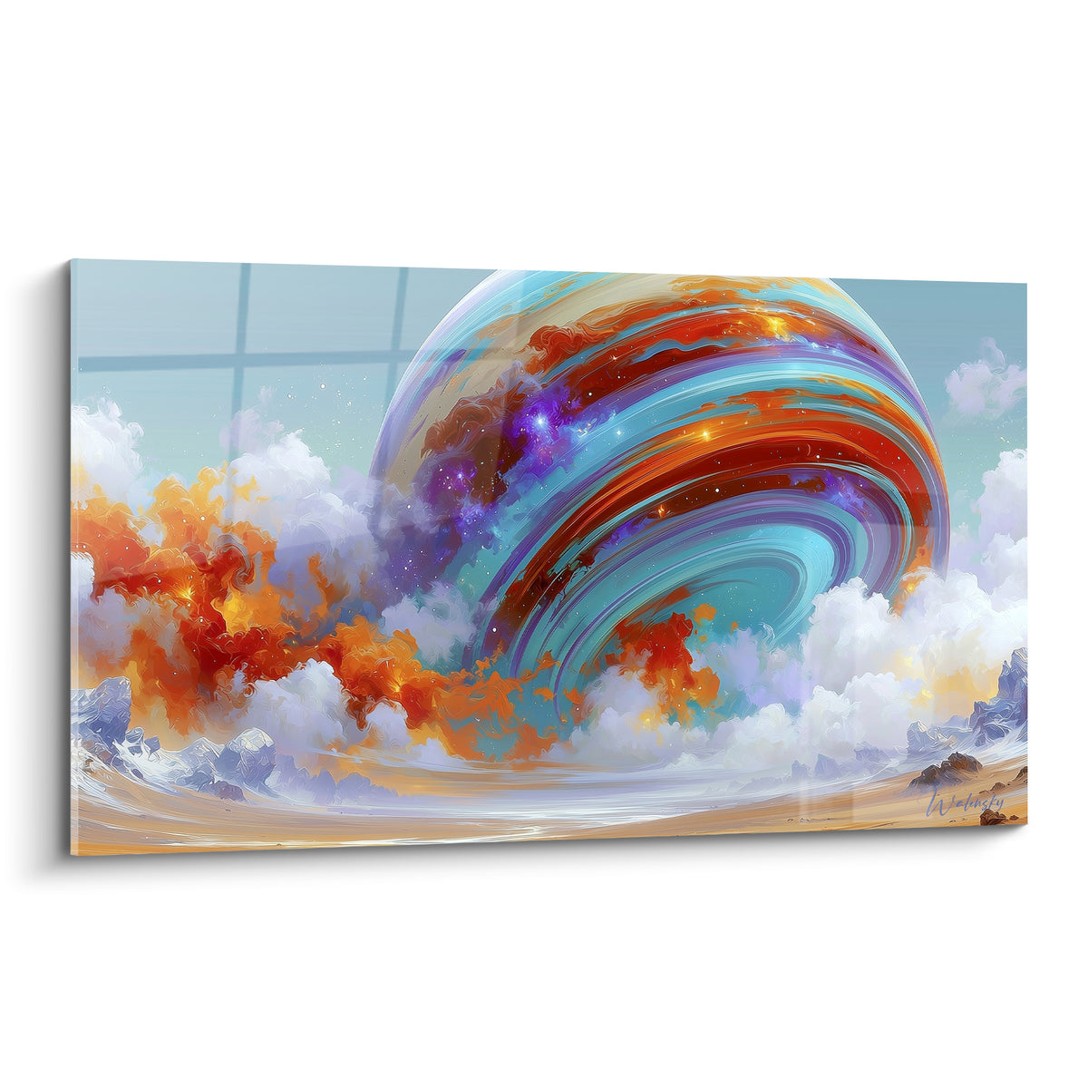Planète aux tourbillons turquoise et orange incandescent, nuages blancs en fusion à sa base