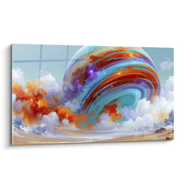 Tableau Sphère turquoise et orange aux nuées enflammées - Nébuleuse violette incrustée - Edition Planète