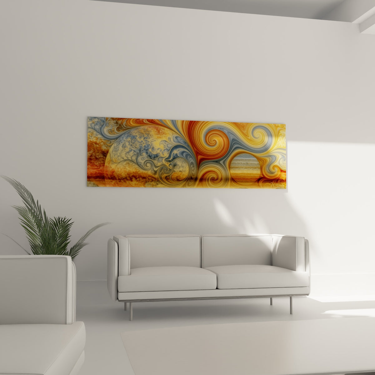 Volutes dorées et bleu marine entourant deux planètes suspendues au-dessus d'un canapé dans un salon lumineux