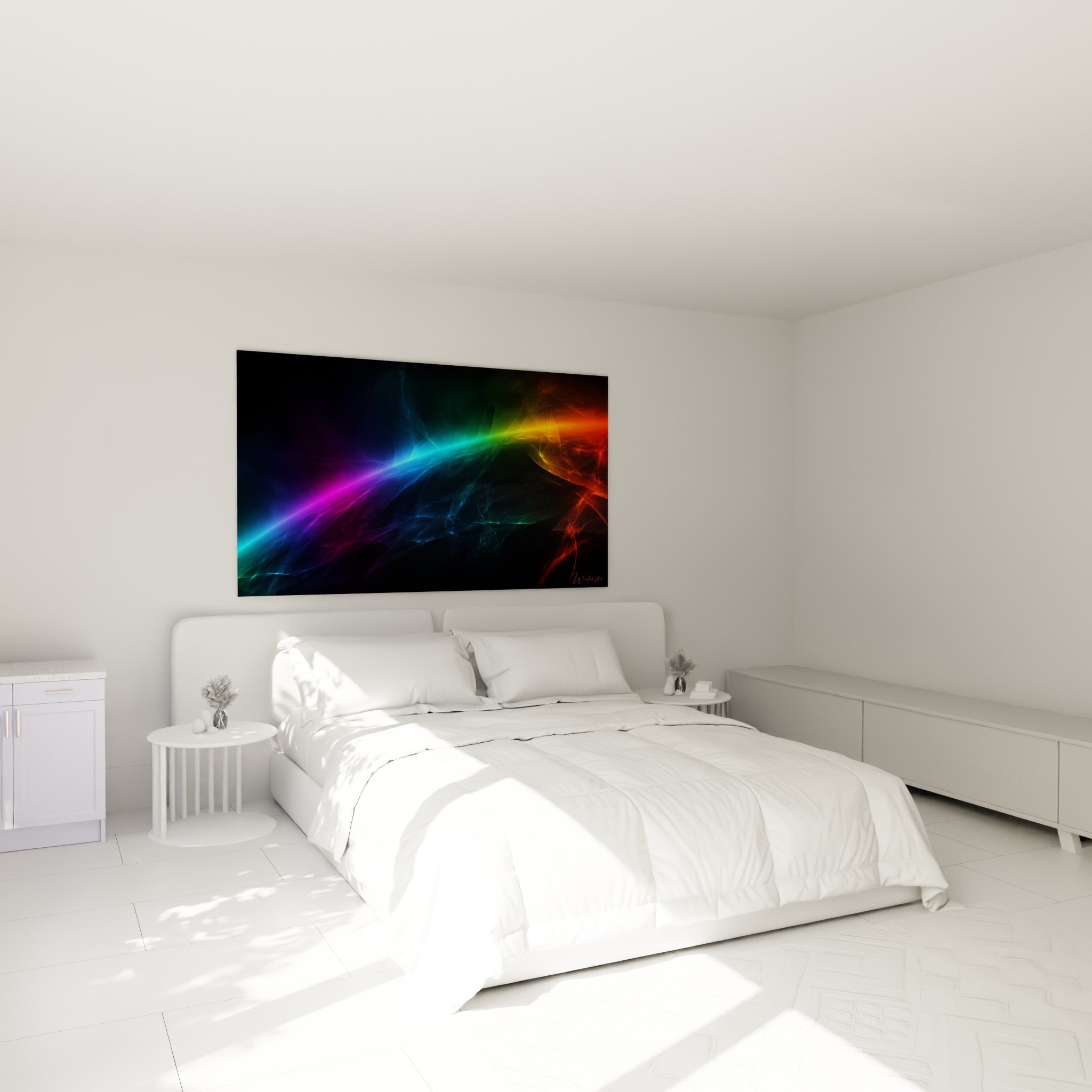 Traînée cosmique bleu turquoise et magenta, tableau Planète accroché au-dessus d'un lit dans une chambre claire.