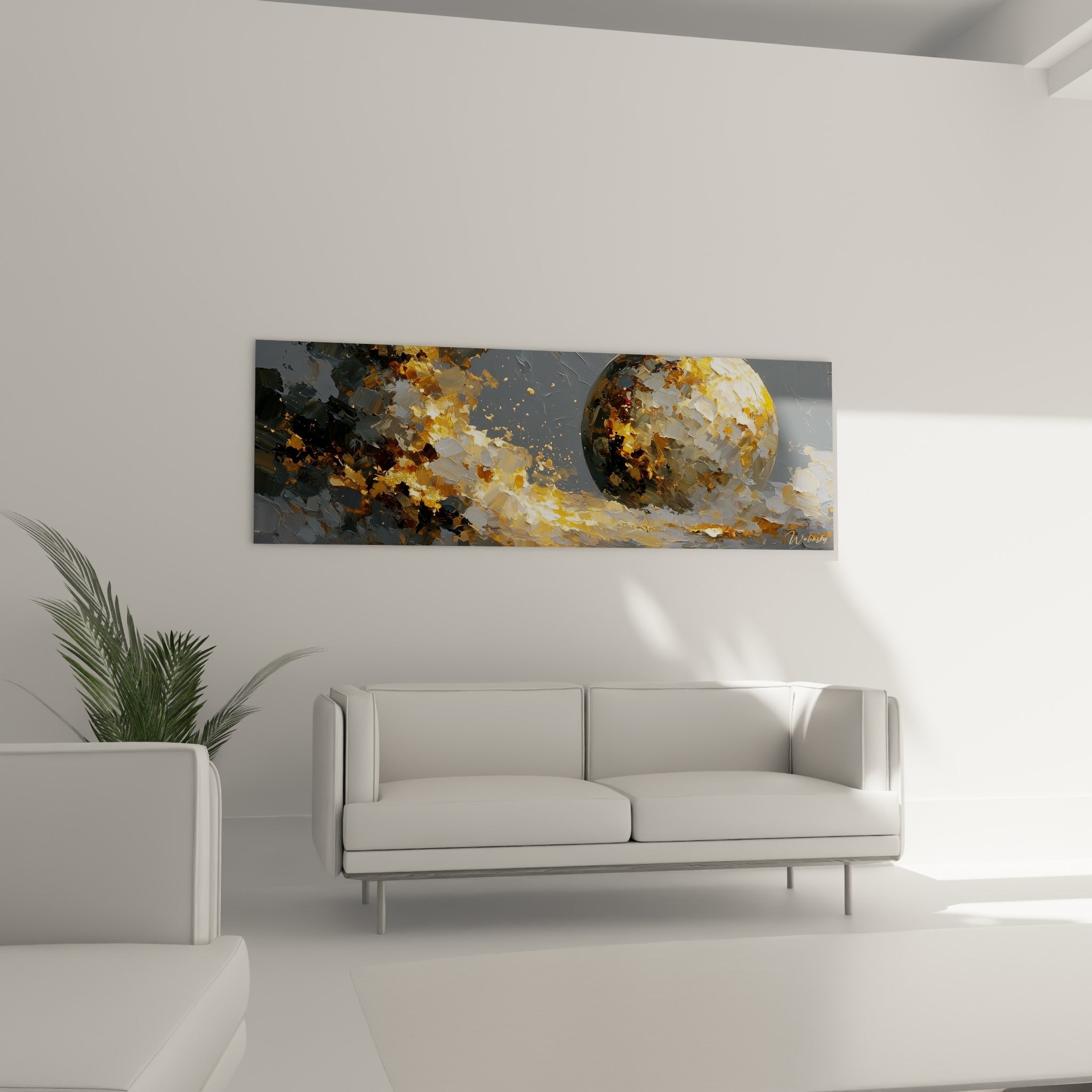 Traînée lumineuse dorée traversant un fond gris anthracite, tableau Planète au-dessus d'un canapé dans un salon lumineux