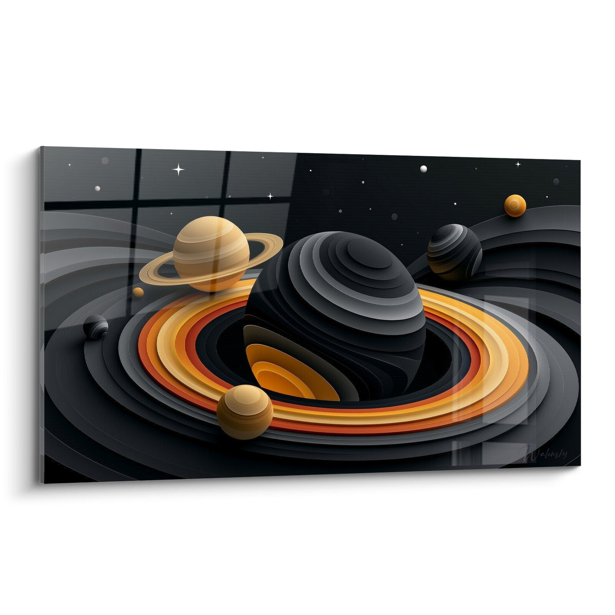 Trou noir anthracite cerné d'anneaux ocre et orange, planètes dorées flottant sur fond étoilé
